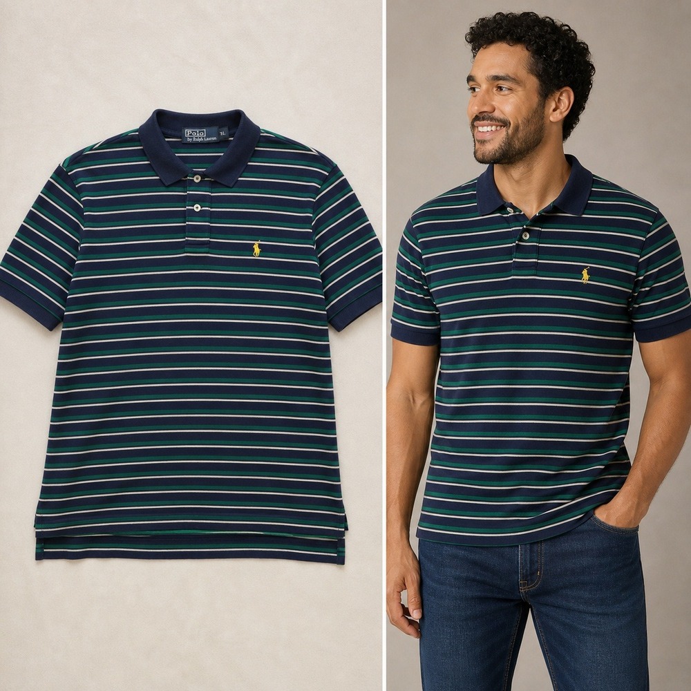 Polo Ralph Lauren Mens XL Polo Shirt Navy Blue Green Striped Cotton Short Sleeve